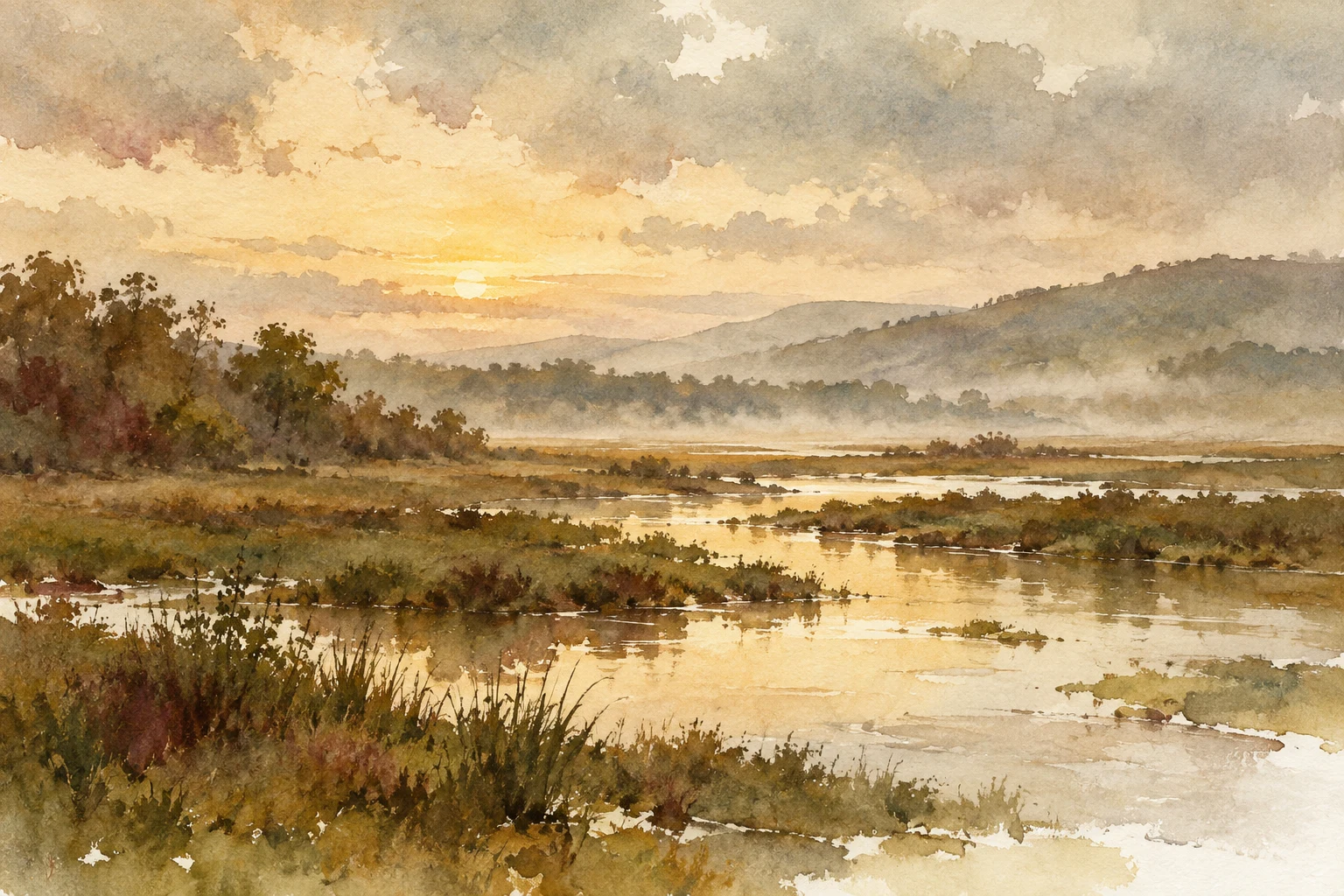 A marsh at first light in cream, stone, olive, taupe; landscape artwork.
