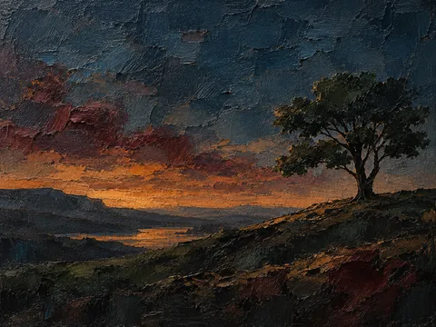 A single tree line on a ridge at dusk in black, navy, charcoal, brown; landscape artwork.