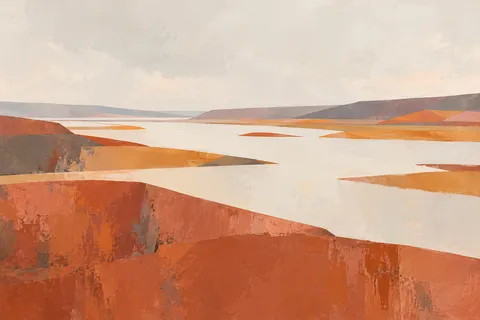 A low river valley under soft overcast light in cream, terracotta, blush; landscape artwork.