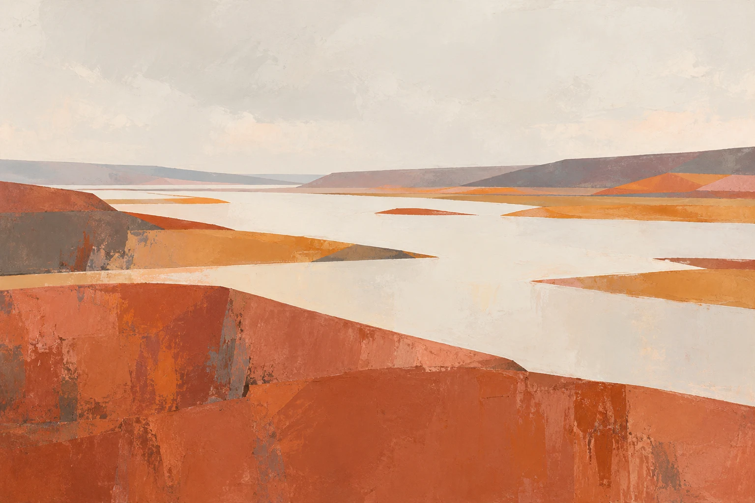 A low river valley under soft overcast light in cream, terracotta, blush; landscape artwork.