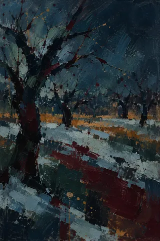 An orchard in winter in black, charcoal, navy; portrait artwork.