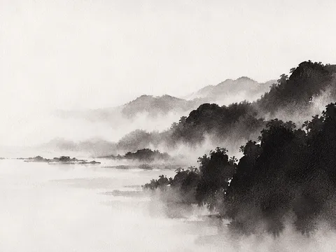 Rolling hills dissolving into haze in white, black, stone, cream; landscape artwork.