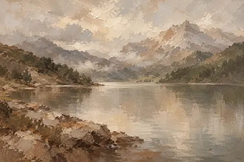 A mountain lake, still in stone, taupe, olive, gray; landscape artwork.