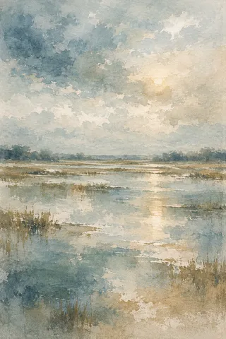 A flooded field reflecting a pale sky in gray, cream, stone, sand; portrait artwork.