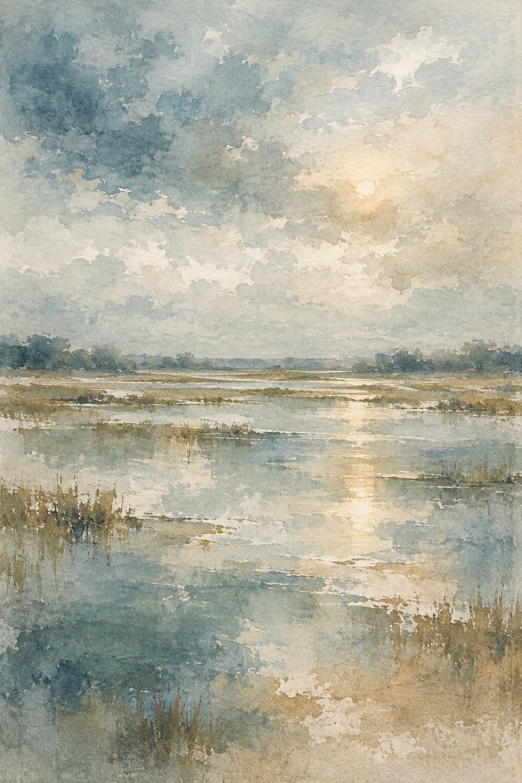 A flooded field reflecting a pale sky in gray, cream, stone, sand; portrait artwork.