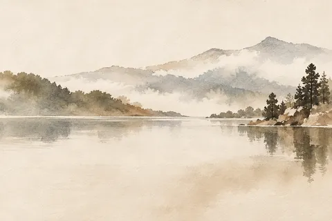 A mountain lake, still in cream, stone, taupe; landscape artwork.