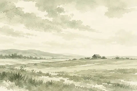 A lone barn far away in a wide field in white, cream, stone, sage; landscape artwork.