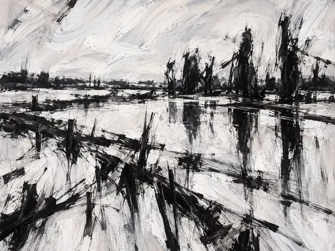 A flooded field reflecting a pale sky in cream, stone, black, gray; landscape artwork.