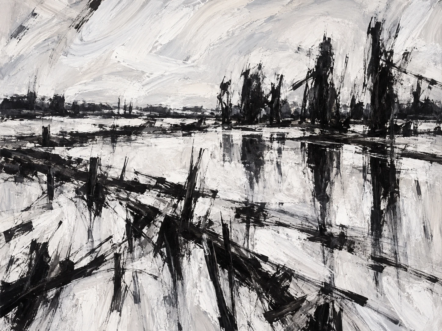 A flooded field reflecting a pale sky in cream, stone, black, gray; landscape artwork.