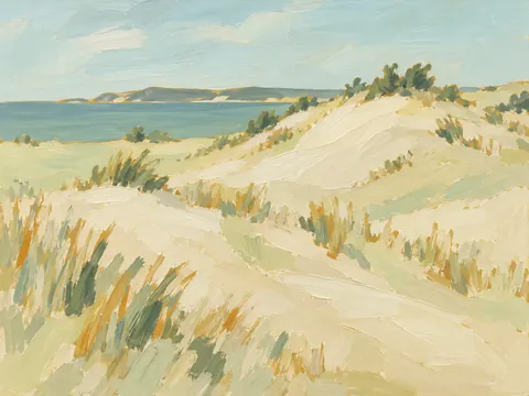 A dune field with sparse grass in cream, stone, sand, sage; landscape artwork.