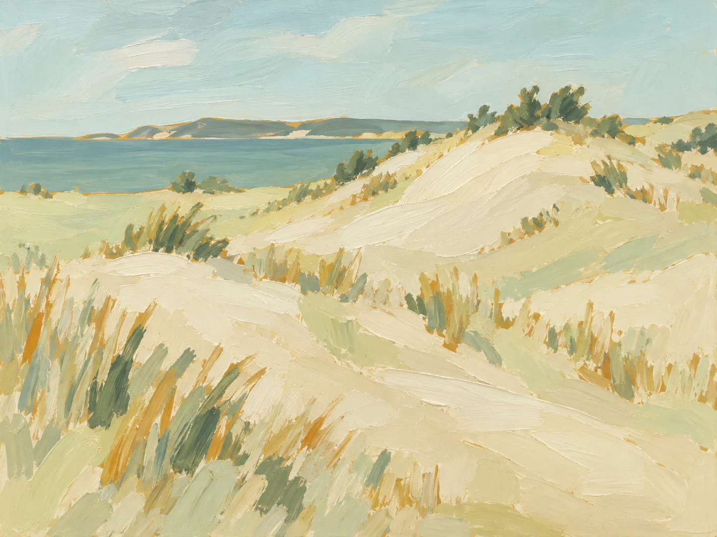 A dune field with sparse grass in cream, stone, sand, sage; landscape artwork.