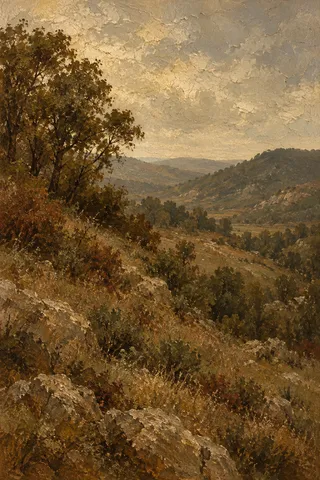Scrubland with distant hills in brown, burgundy, sand, sage; portrait artwork.