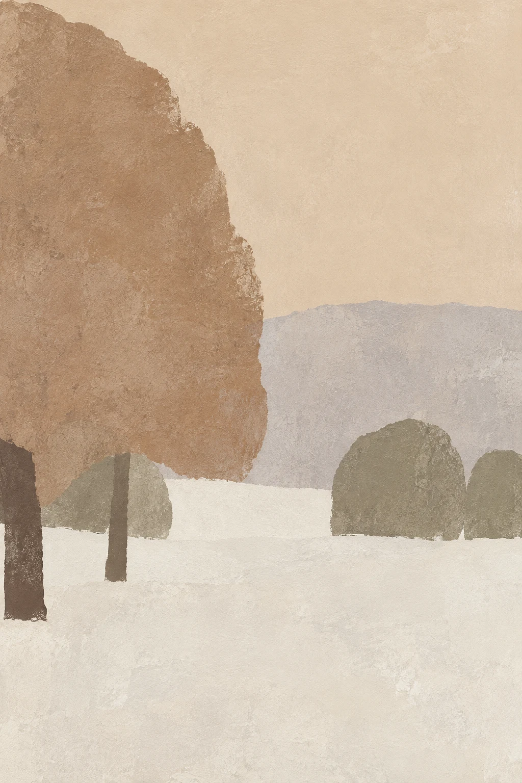 An orchard in winter in cream, sage, stone, taupe; portrait artwork.