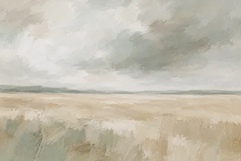 A wheat field under a heavy sky in stone, cream, sand, gray; landscape artwork.