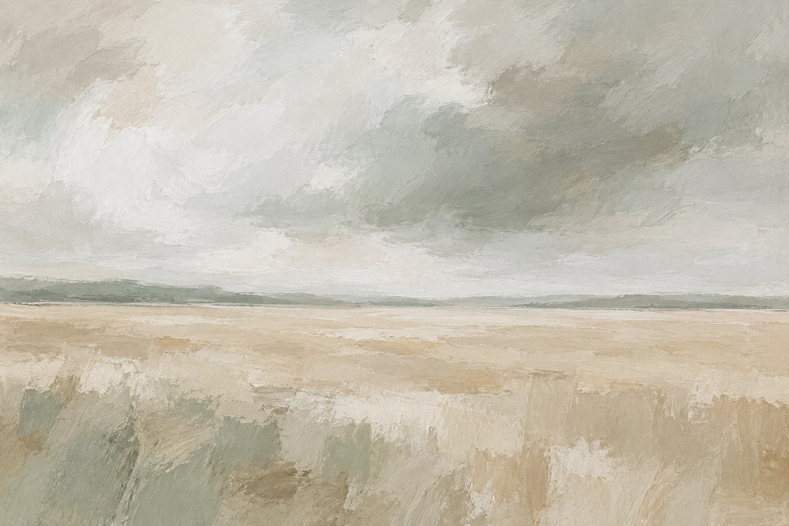 A wheat field under a heavy sky in stone, cream, sand, gray; landscape artwork.