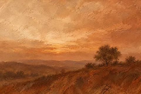 A single tree line on a ridge at dusk in orange, blush, rust, terracotta; landscape artwork.