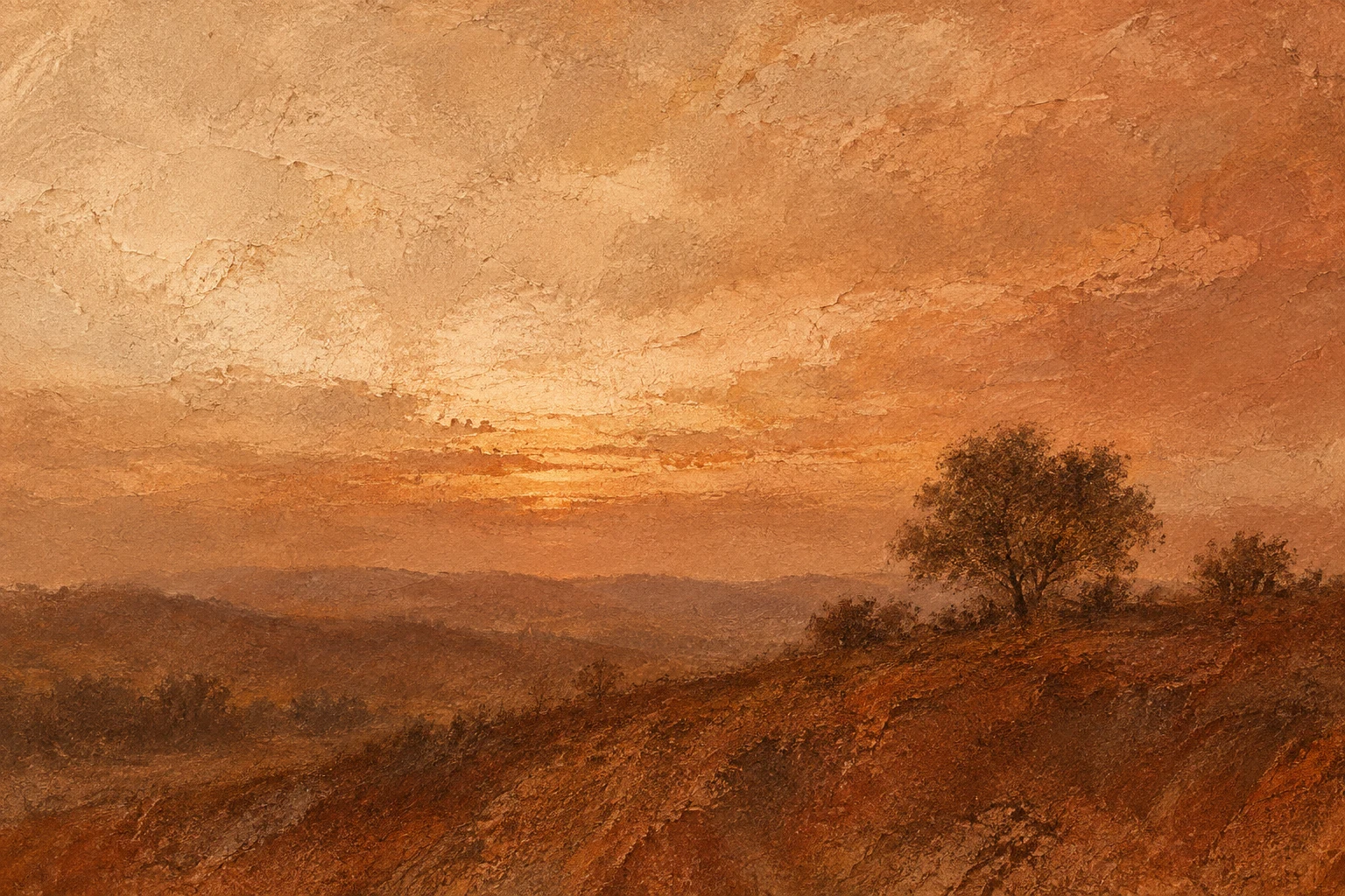 A single tree line on a ridge at dusk in orange, blush, rust, terracotta; landscape artwork.