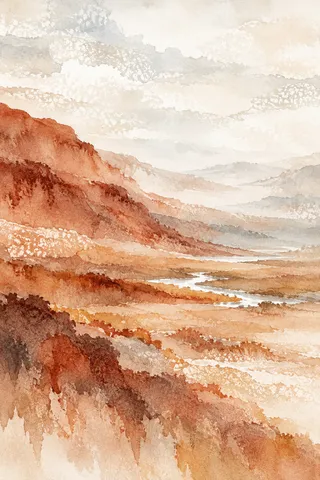A valley floor with a thin silver stream in white, cream, ochre, blush; portrait artwork.