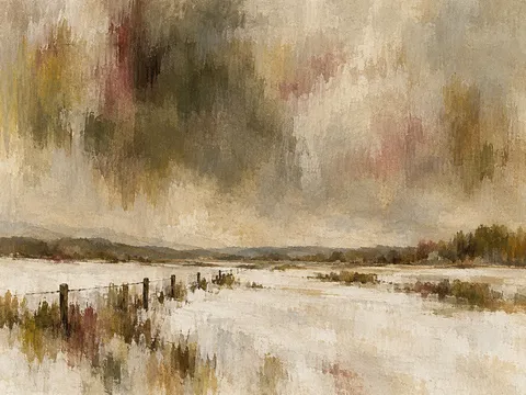 A snowfield with one dark fence line in sand, olive, cream, sage; landscape artwork.