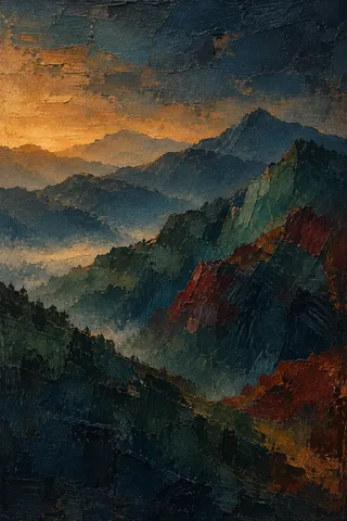 Layered mountain silhouettes at dawn in black, charcoal, navy, ochre; portrait artwork.