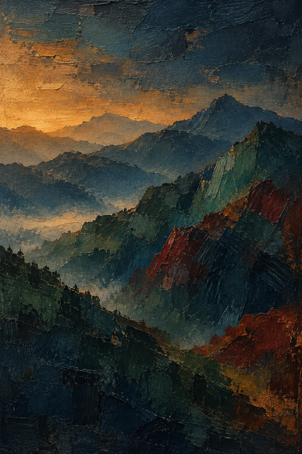 Layered mountain silhouettes at dawn in black, charcoal, navy, ochre; portrait artwork.