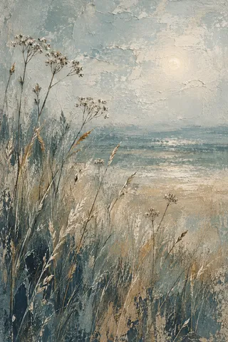 A meadow edge with tall dry grass in gray, charcoal, stone, cream; portrait artwork.