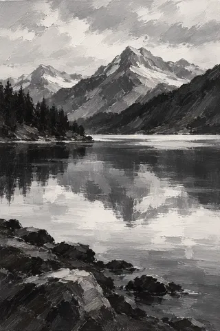 A mountain lake, still in stone, charcoal, black, cream; portrait artwork.