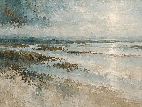 A flooded field reflecting a pale sky in stone, gray, sand, cream; landscape artwork.