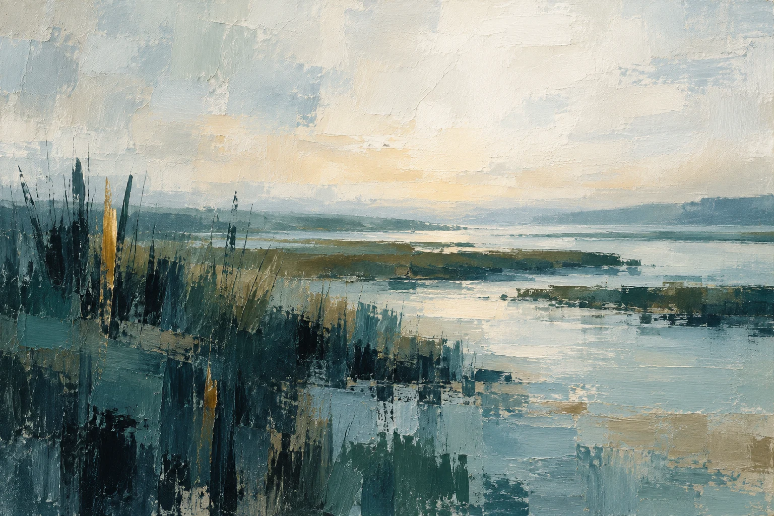 A marsh at first light in cream, stone, charcoal, gray; landscape artwork.