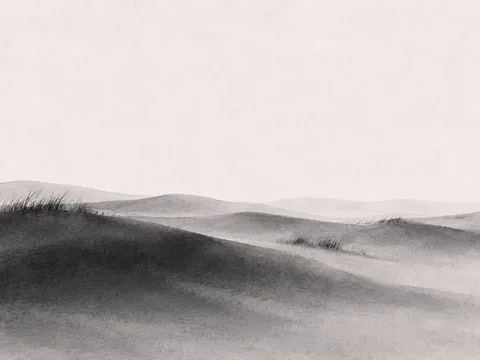 A dune field with sparse grass in white, stone, charcoal, gray; landscape artwork.
