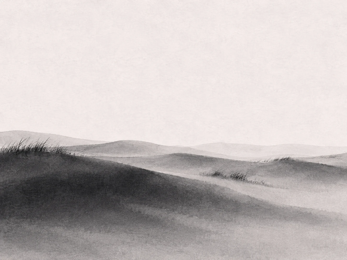 A dune field with sparse grass in white, stone, charcoal, gray; landscape artwork.