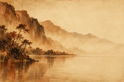 A mountain lake, still in cream, sand, stone, terracotta; landscape artwork.