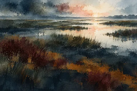 A marsh at first light in black, charcoal, cream, forest green; landscape artwork.