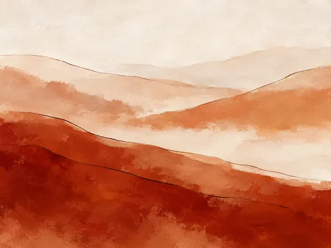Rolling hills dissolving into haze in cream, red, white, blush; landscape artwork.