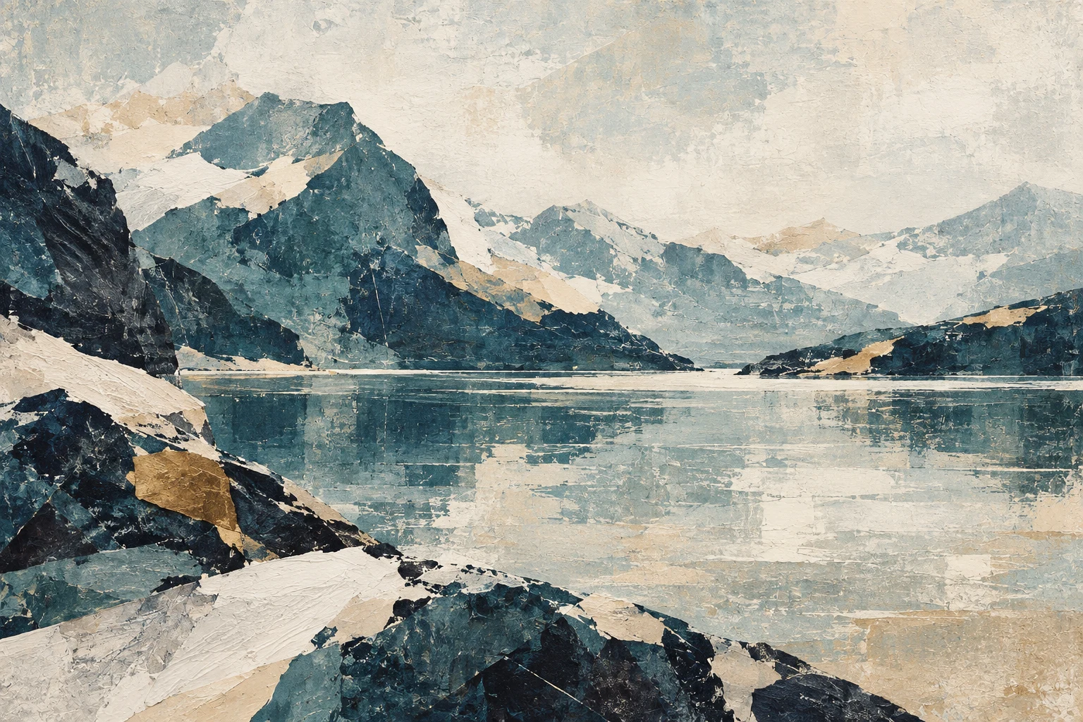 A mountain lake, still in stone, cream, green, navy; landscape artwork.