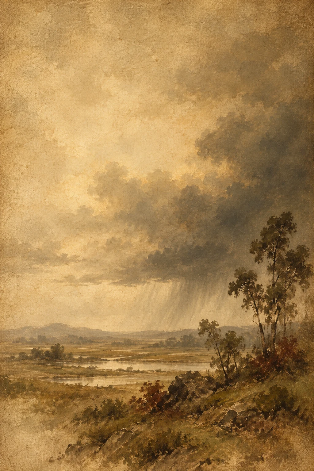 A wide plain with a distant storm in sand, brown, ochre, olive; portrait artwork.