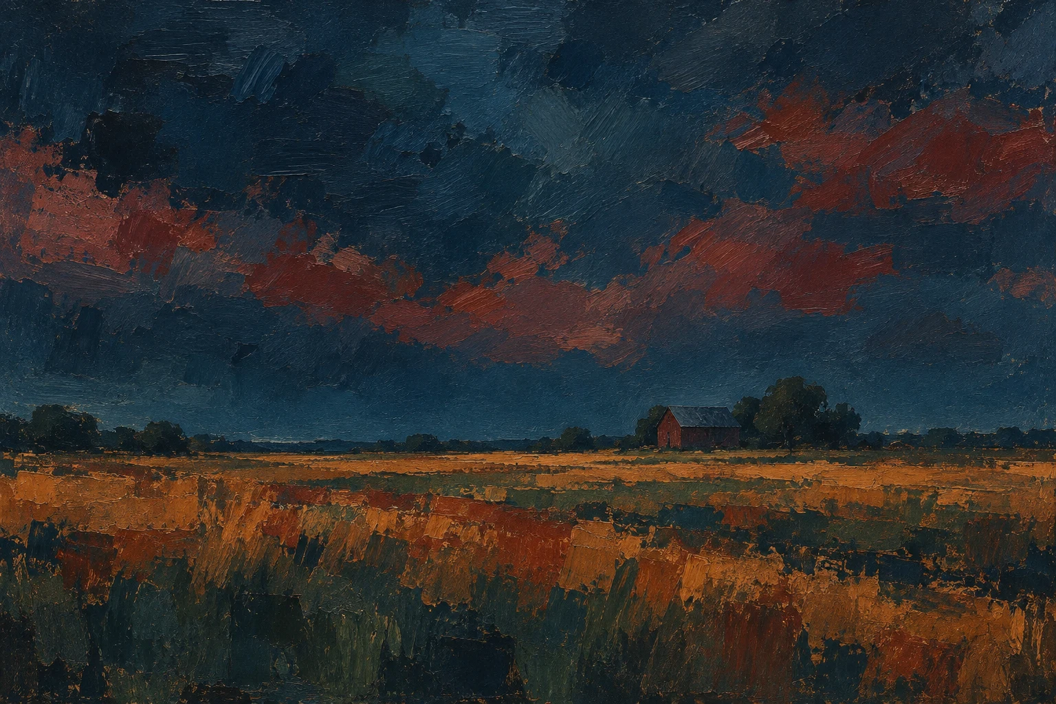 A lone barn far away in a wide field in black, navy, burgundy, brown; landscape artwork.