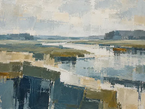 A low river valley under soft overcast light in stone, gray, charcoal, cream; landscape artwork.