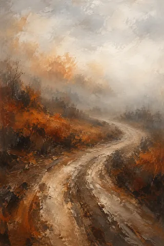 A dirt road curving into fog in burgundy, stone, cream, taupe; portrait artwork.