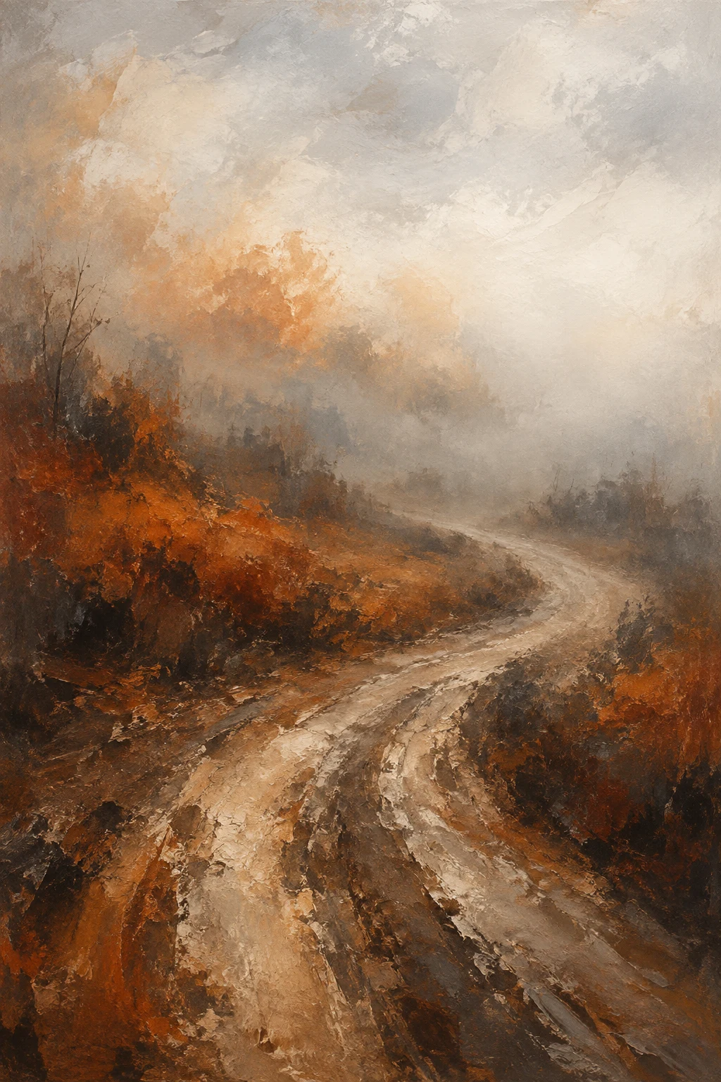 A dirt road curving into fog in burgundy, stone, cream, taupe; portrait artwork.