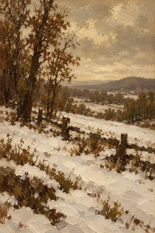 A snowfield with one dark fence line in stone, sage, brown, olive; portrait artwork.