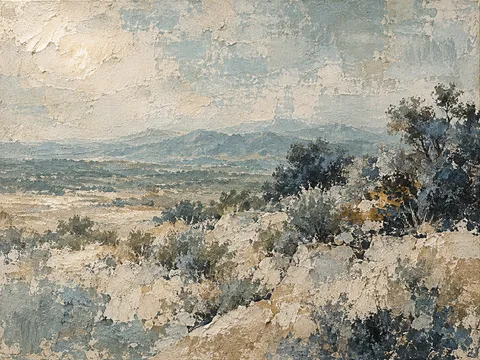 Scrubland with distant hills in stone, gray, cream, charcoal; landscape artwork.