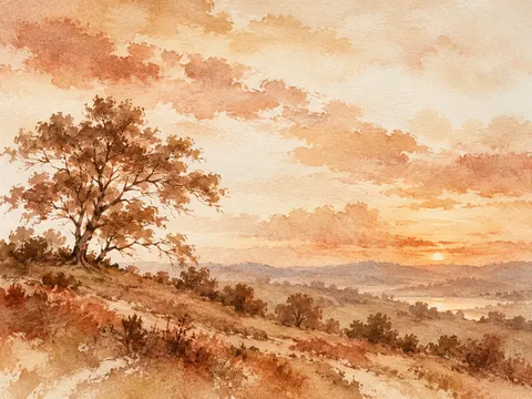 A single tree line on a ridge at dusk in cream, blush, ochre, sand; landscape artwork.