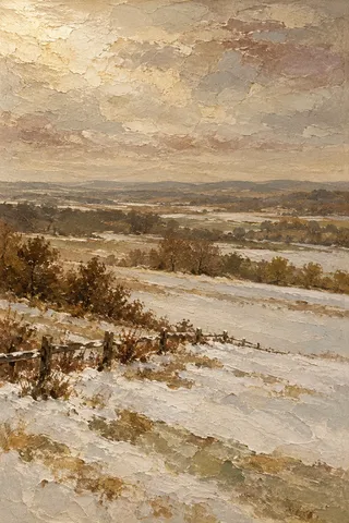 A snowfield with one dark fence line in sand, stone, taupe, brown; portrait artwork.