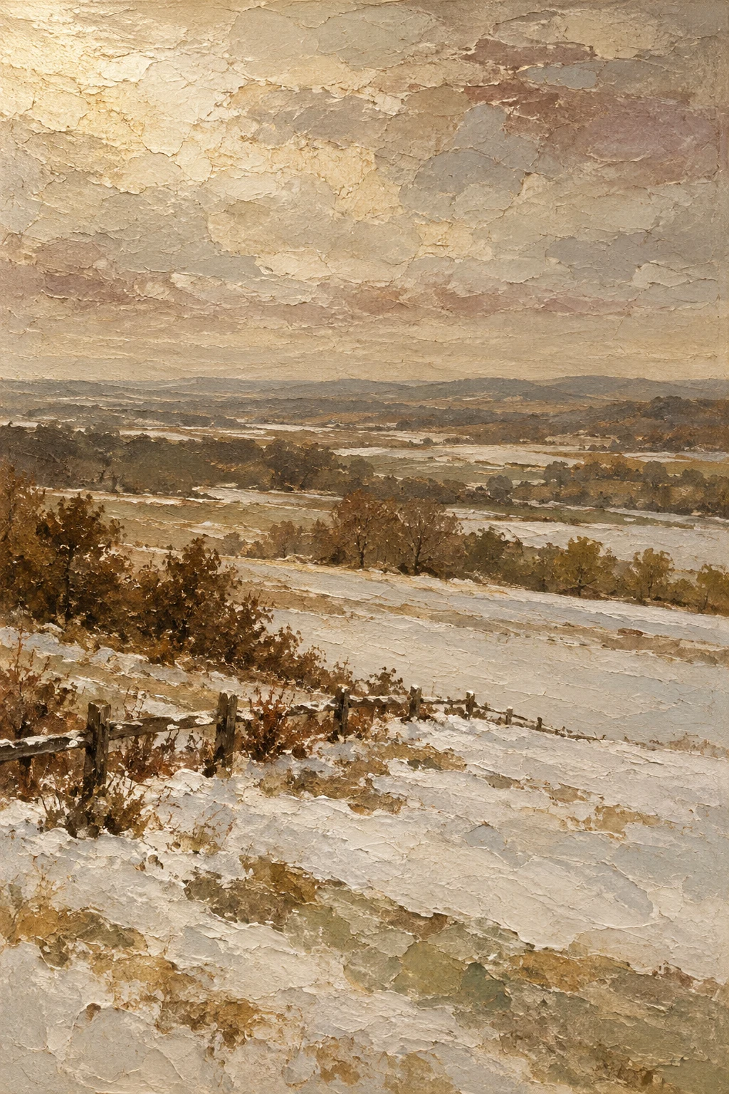 A snowfield with one dark fence line in sand, stone, taupe, brown; portrait artwork.