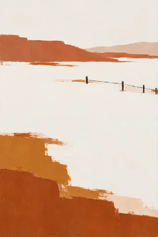 A snowfield with one dark fence line in white, red, ochre, cream; portrait artwork.