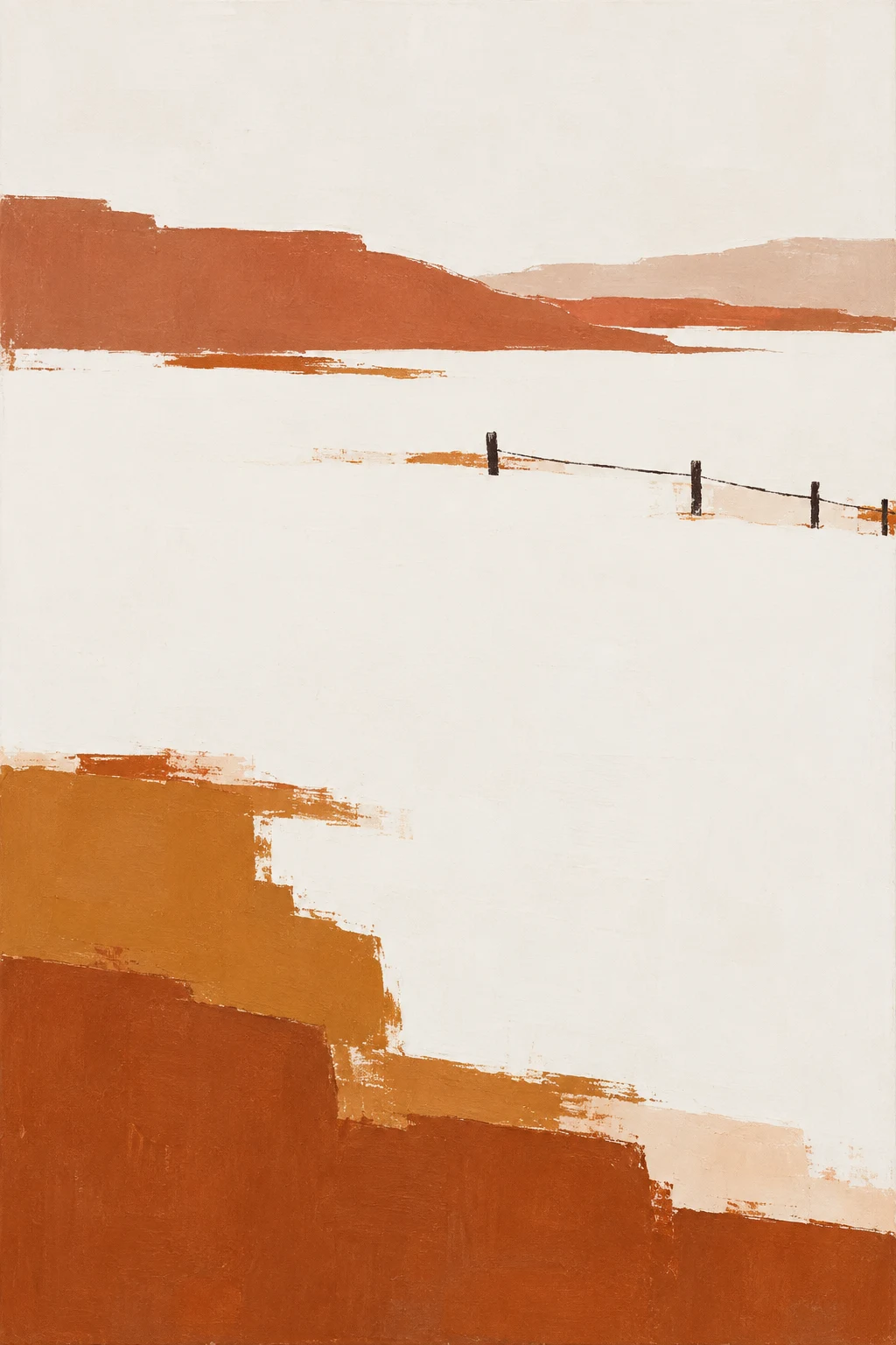 A snowfield with one dark fence line in white, red, ochre, cream; portrait artwork.