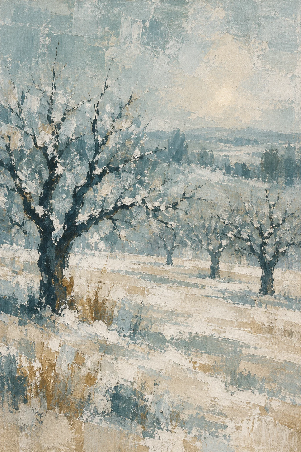 An orchard in winter in stone, gray, cream, charcoal; portrait artwork.