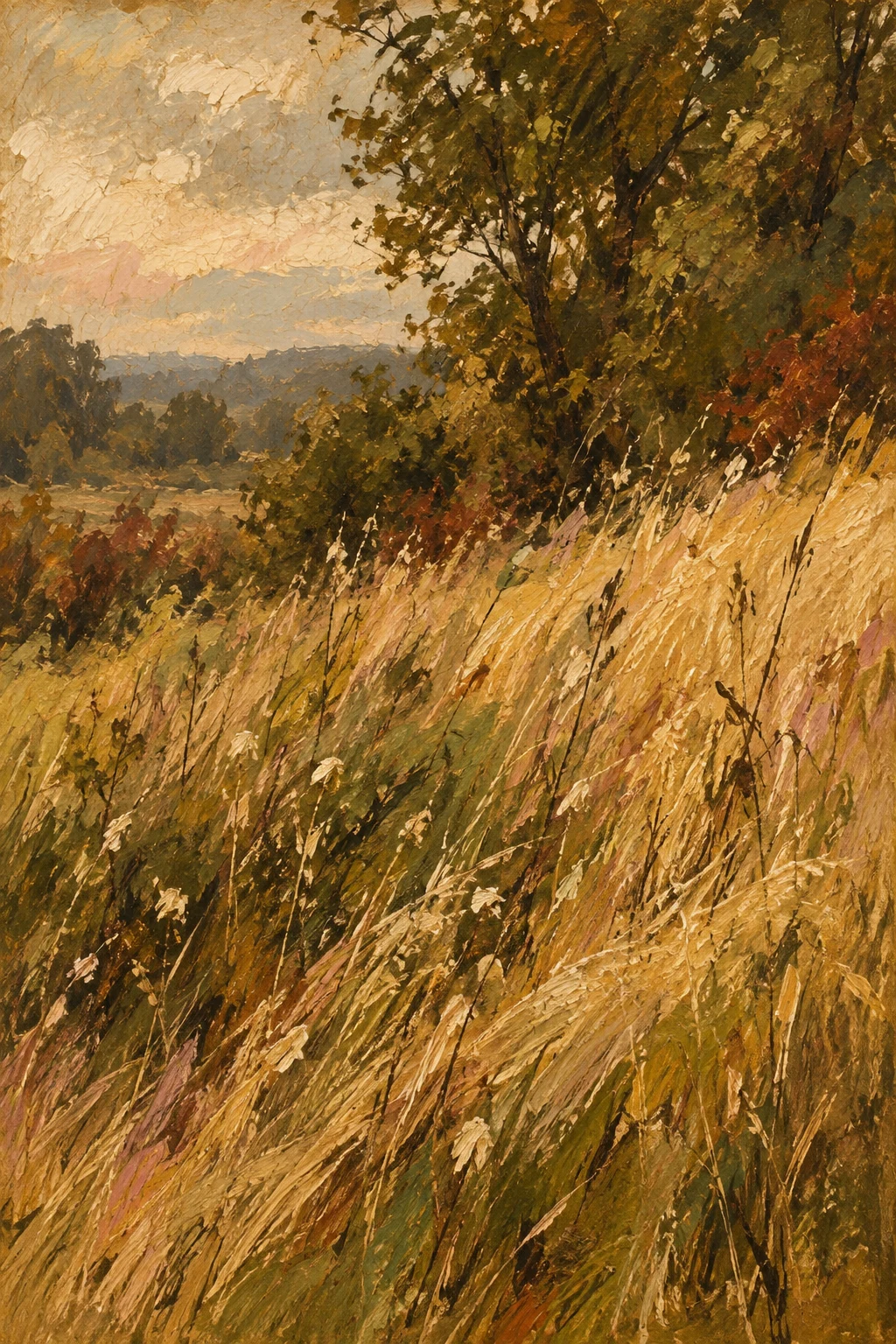 A meadow edge with tall dry grass in ochre, brown, olive, sand; portrait artwork.