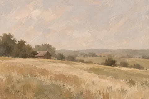 A lone barn far away in a wide field in stone, sand, sage, cream; landscape artwork.